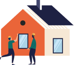 illustration d'une maison avec deux artisans posant une fenêtre